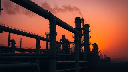 Industrial refinery at sunset with steel structures against a dramatic orange sky.