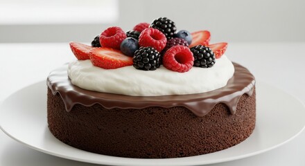 Indulge in decadent chocolate cake topped with luscious whipped cream and a vibrant medley of fresh strawberries, raspberries, blueberries, and blackberries, perfect for celebrations.