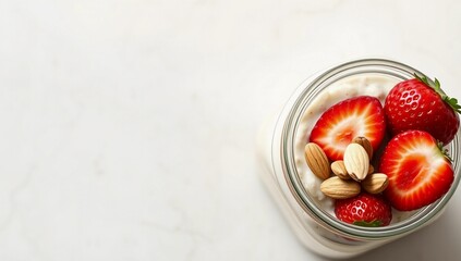overnight oats strawberry breakfast almond healthy food mason jar top view copy space minimal
