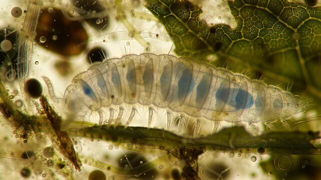 Microscopic Organism Exploration Transparent Creature in Fluid A mesmerizing Microscopic Ecosystem featuring a see-through creature amongst Floating green leaves and debris with bubbles
