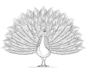 Fototapeta premium Detailed peacock illustration with fanned feathers in line art style