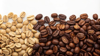 Fototapeta premium Roasted Arabica coffee beans background with mixed roast coffee (light, medium, dark) , Arabica