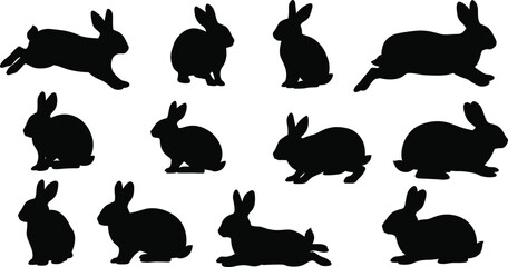 Silhouette rabbits collection, black rabbit poses, sitting rabbit, standing rabbit, leaping rabbit, bunny outline, animal shapes, wildlife illustration, vector design