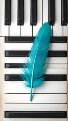 Teal feather rests on piano keys
