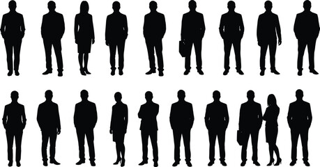 Silhouette business people, corporate professionals, team standing in formal wear, teamwork concept, isolated on white background, group of employees