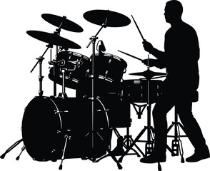 Fototapeta premium Silhouette of Drummer Playing Drum Set, Live Music Performance, Percussion Artist on Stage, Musician with Drum Kit, Black Background Art