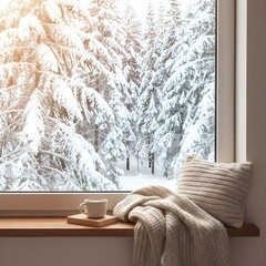 따뜻한 차가 담긴 창가에 머그잔, 따뜻한 느낌을 주는 니트와 눈이 가득 쌓인 배경의 사진