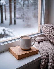 따뜻한 차가 담긴 창가에 머그잔, 따뜻한 느낌을 주는 니트와 눈이 가득 쌓인 배경의 사진