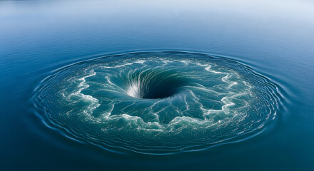 Aerial view of a powerful whirlpool in the ocean showing swirling water and depth