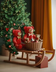 성탄절 반짝이는 크리스마스 트리와 썰매 위 라탄 바구니와 함께 꾸며진 빨간 곰돌이 인형 선물