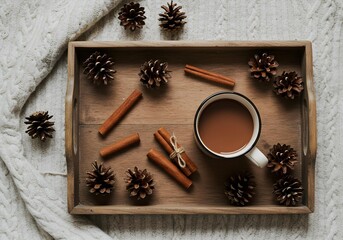 하얀색 머그컵에 담긴 핫초코와 시나몬 스틱 솔방울 데코, 겨울 느낌의 사진