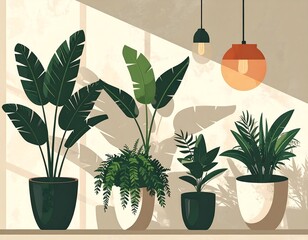 Sunlit indoor scene with potted plants casting shadows on a wall