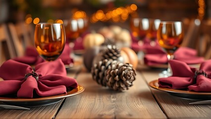 A rustic wooden table setting with burgundy napkins and a pinecone centerpiece, glowing warmly.