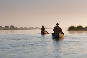 Traditional Wooden Pirogues in Misty Morning Light
