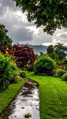 Obraz premium Lush garden path after rain, showing vibrant foliage and a moody sky