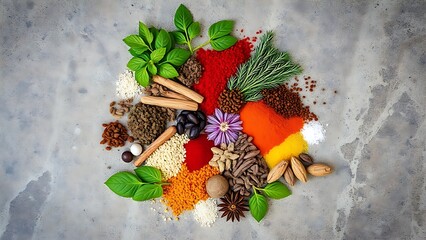 A vibrant arrangement of Asian ingredients and spices on a stone surface, showcasing culinary diversity.
