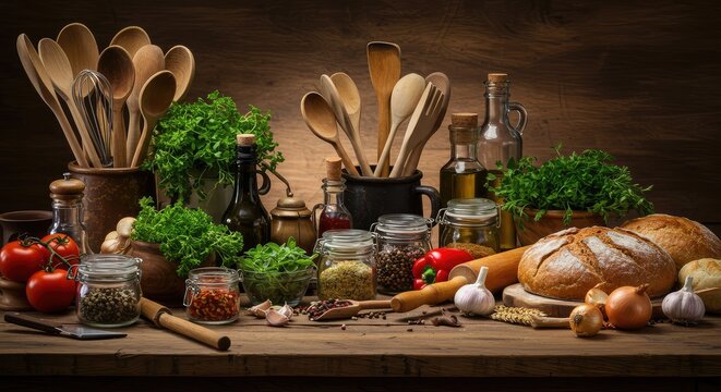 Rustic kitchen bounty overflows with fresh herbs, crusty bread, vibrant tomatoes, and essential spices, ready for culinary creation and artisanal food preparation.