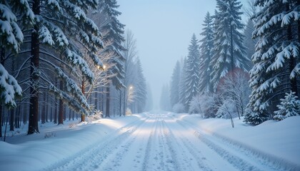 Obraz premium Snow-covered road in a winter forest. Tall evergreen trees line the path, creating a serene and tranquil atmosphere. Soft light illuminates the scene.