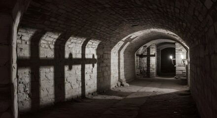 Obraz premium Historic Gothic corridor with weathered bricks, stone cross, and mysterious dimly lit chamber