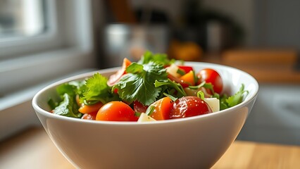A crisp vegetable salad in a white ceramic bowl with natural window lighting.