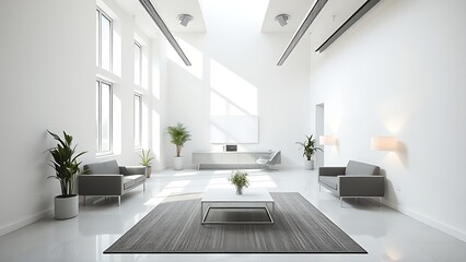 A minimalist office lobby featuring white walls and simple furnishings, filled with natural ambient light.
