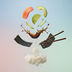 Floating Japanese Sushi Ingredients in Surreal Composition