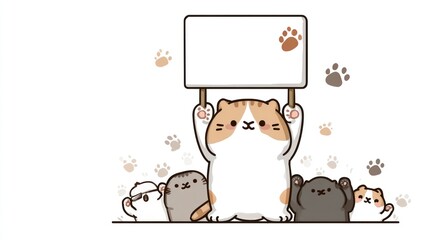 Animated cat holding sign with paw prints commercial art design white background
