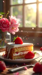 Sunlit strawberry cake slice on plate, near pink flowers and scattered petals