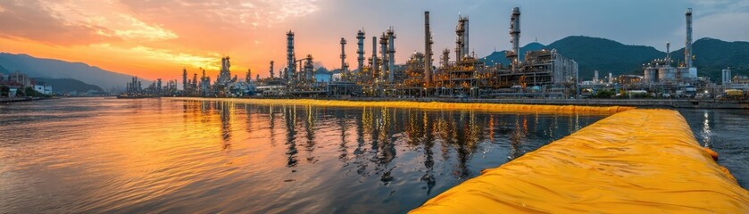 Fototapeta premium Area closure using chemical spill barrier concept. Industrial landscape with sunset reflection on calm waters.