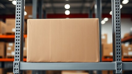 A sealed cardboard box placed on a warehouse shelf, presented with a clean and professional aesthetic.