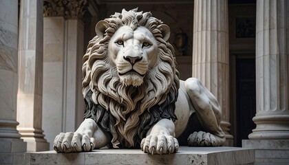 Regal stone lion statue—intricately carved and reclining on rectangular pedestal with extended paws and raised head, voluminous mane and dramatic cloudy sky with distant mountains in background evoke 
