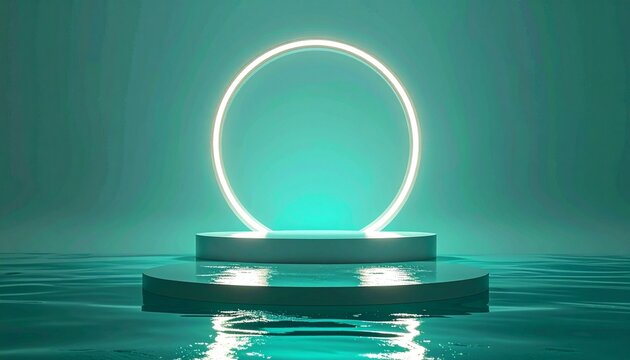 Futuristic sci-fi platform—circular stage glowing with turquoise neon light, suspended ring above and reflective floor below, set against matching luminous background, evokes digital symmetry, modern 