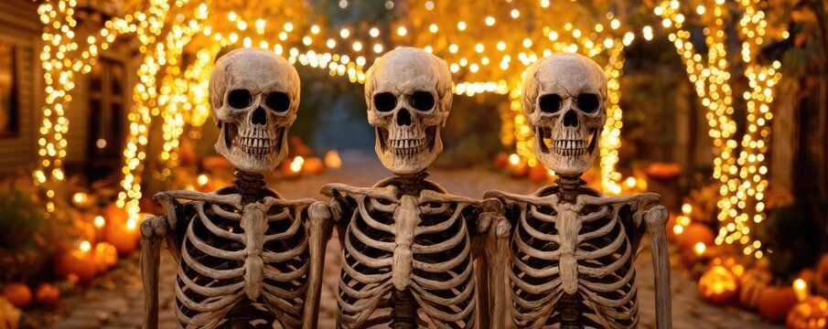 Halloween party skeletons with wooden banner concept. Three decorative skeletons with lights and pumpkins for festivities.