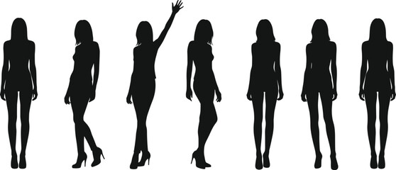 Female body silhouette collection, standing women vector, fashion girl pose design, elegant model illustration, stylish woman figure artwork, beauty shape
