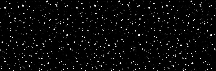 Black grainy vector seamless pattern. Scattered white glitter dust. Snow texture with raindrops. Water splash, stain and droplets. Transparent wet paint noise. Abstract starry sky bg. Silver confetti
