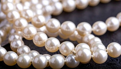 Close-up of lustrous pearl necklace—smooth, round creamy white pearls arranged in continuous strand on dark textured surface, evokes elegance, luxury, and timeless craftsmanship.