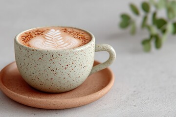 Macro Close Up of Latte Coffee Art in Cup on a Saucer with Greenery