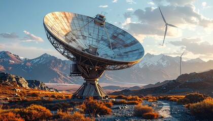 Technological landscape—large satellite dish antenna in rocky mountain terrain during warm sunrise or sunset, snow-capped peaks and wind turbines in background, evokes scientific exploration, environm