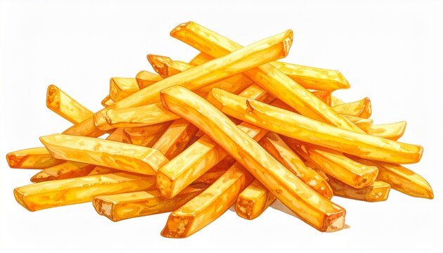 Golden crispy French fries—thick-cut and evenly cooked with rough texture and light golden-brown color, arranged in a scattered pile, evokes warmth, indulgence, and casual dining appeal.