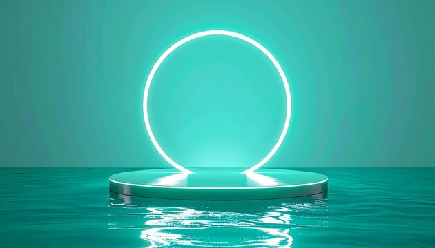 Futuristic minimalist scene—circular white neon light structure floating on round platform over calm teal water, glowing reflection and solid teal background evoke surreal elegance, modern design, and - Powered by Adobe