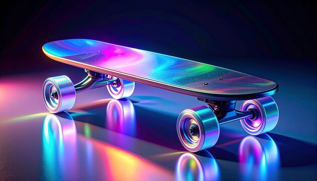 Stylized skateboard in dark setting—sleek deck and sturdy wheels illuminated by vibrant pink, blue, and purple lighting, reflections enhance contours and futuristic vibe, evokes high-energy urban styl