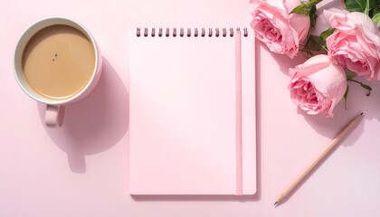 Flat lay on pink surface—spiral-bound blank notebook surrounded by pink pencil, cup of milk coffee with spoon, black coffee on saucer, scattered pink flowers and green leaves, evokes calm creativity, 