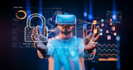 Futuristic Man Using Virtual Reality Headset with Cybersecurity Graphics and Data Visualizations in a Dark Space Environment
