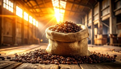 Rustic coffee storage scene—burlap sack overflowing with dark brown beans at center, scattered beans on ground, warm golden sunlight streams through wooden warehouse interior, crates and beams in back