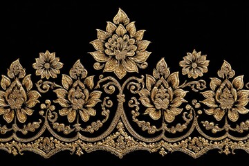 Elegant golden floral embroidery design on black background seamless pattern