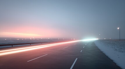 Obraz premium Macro Close Up of Modern Futuristic Highway Road at Dusk With Light Trails and Cloudy Sky