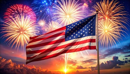 American flag waving in foreground with vibrant fireworks bursting in red, orange, yellow, and blue against dramatic night sky, evokes patriotism, celebration, and national pride—ideal for Independenc