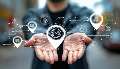 Hands of a person holding a globe surrounded by digital icons symbolizing technology, connectivity, and data exchange in a modern urban environment