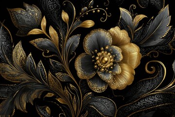 Elegant floral arrangement in gold and black with detailed foliage