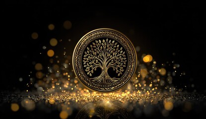 Elegant golden tree of life symbol on black background with bokeh effect